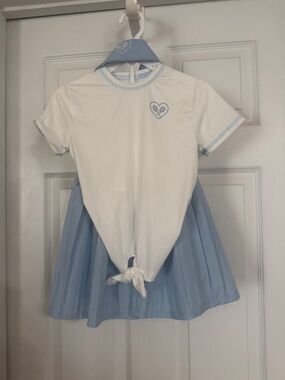 Girls White & Light Blue Matching Set - Heart Tee & Pleated Skirt